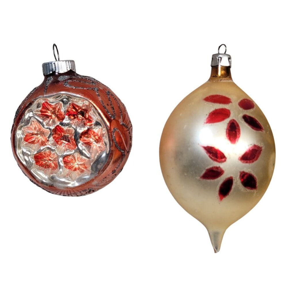 West Germany Peach Salmon Indent Poland Red‎ Gold Glass Christmas Ornament Vtg